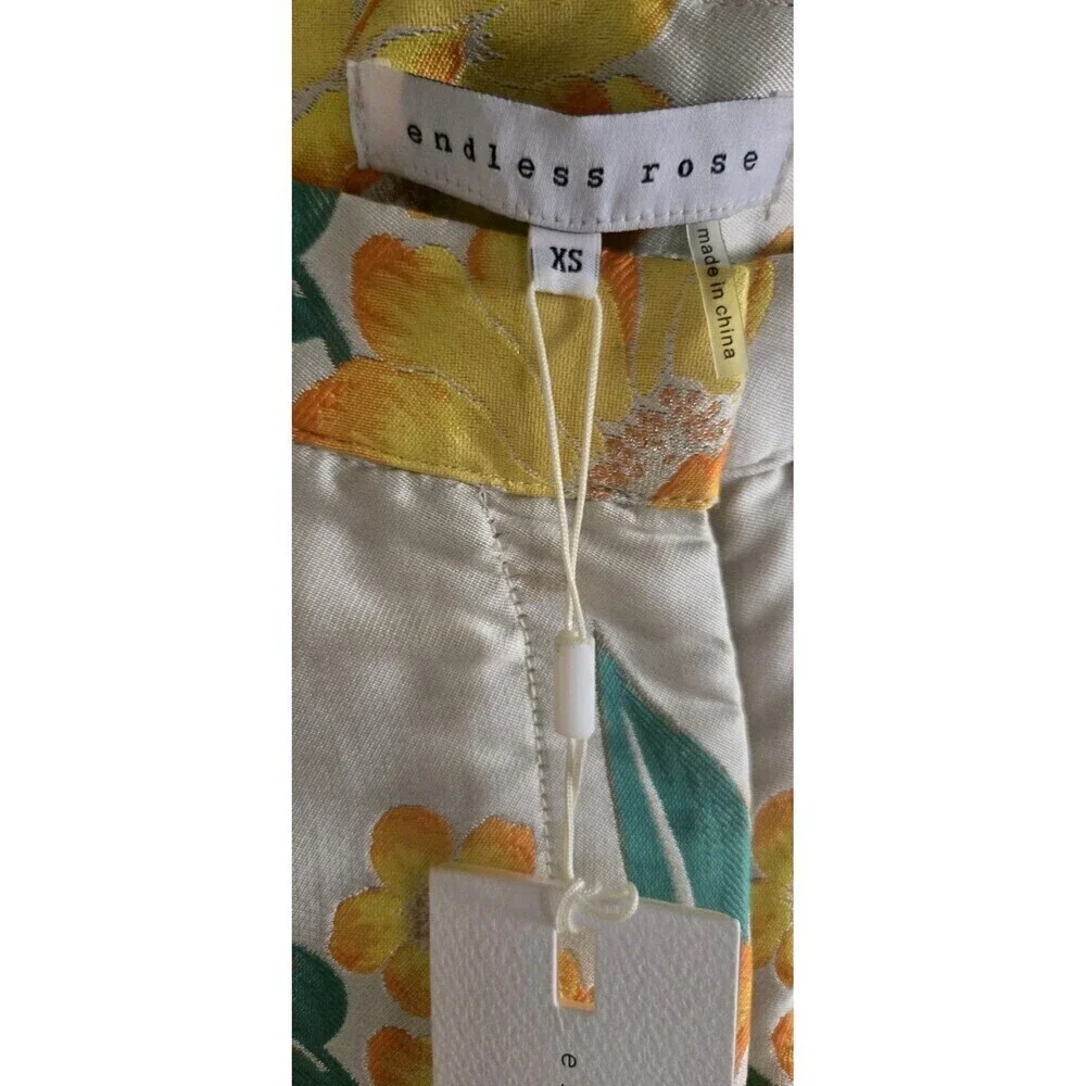 Endless Rose Satin Floral Brocade Shorts Size XS Cream Yellow Lined NWT